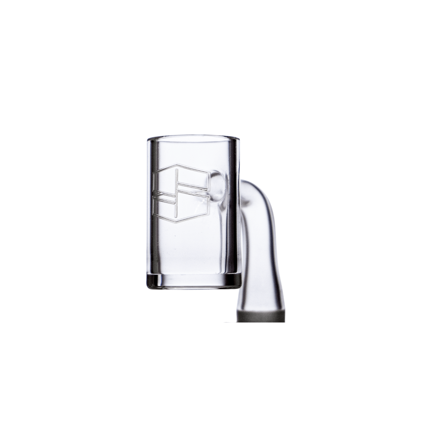 A studio shot of the Stache No Weld Banger, showcasing its clear glass construction and minimalist design from a slightly angled perspective.