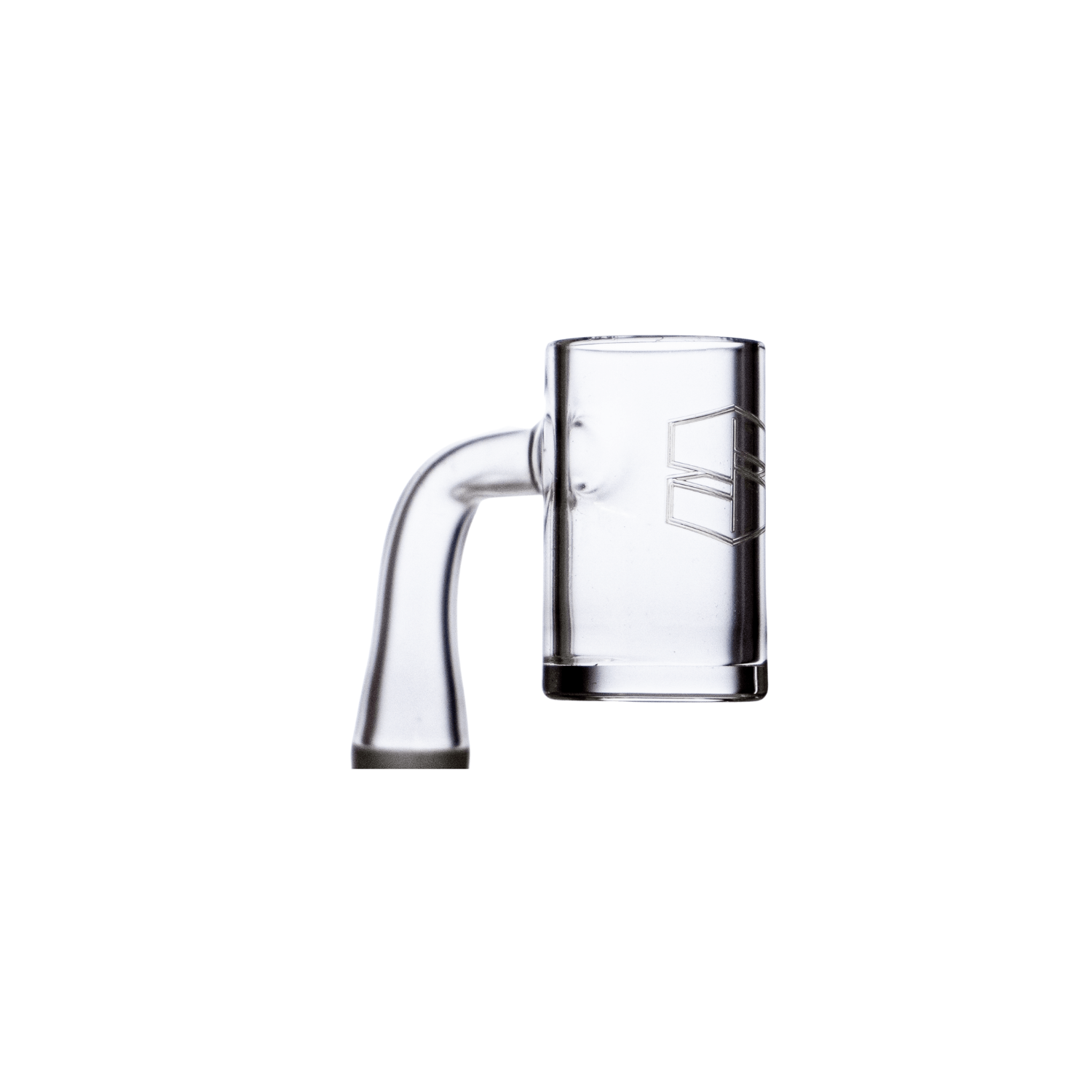 A detailed, angled view of the Stache No Weld Banger, showcasing its clear glass construction and smooth, seamless design.