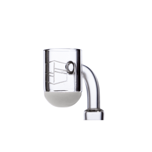 A studio shot of the Stache White Round Bottom Banger, displaying its clean, rounded shape and polished white ceramic base.