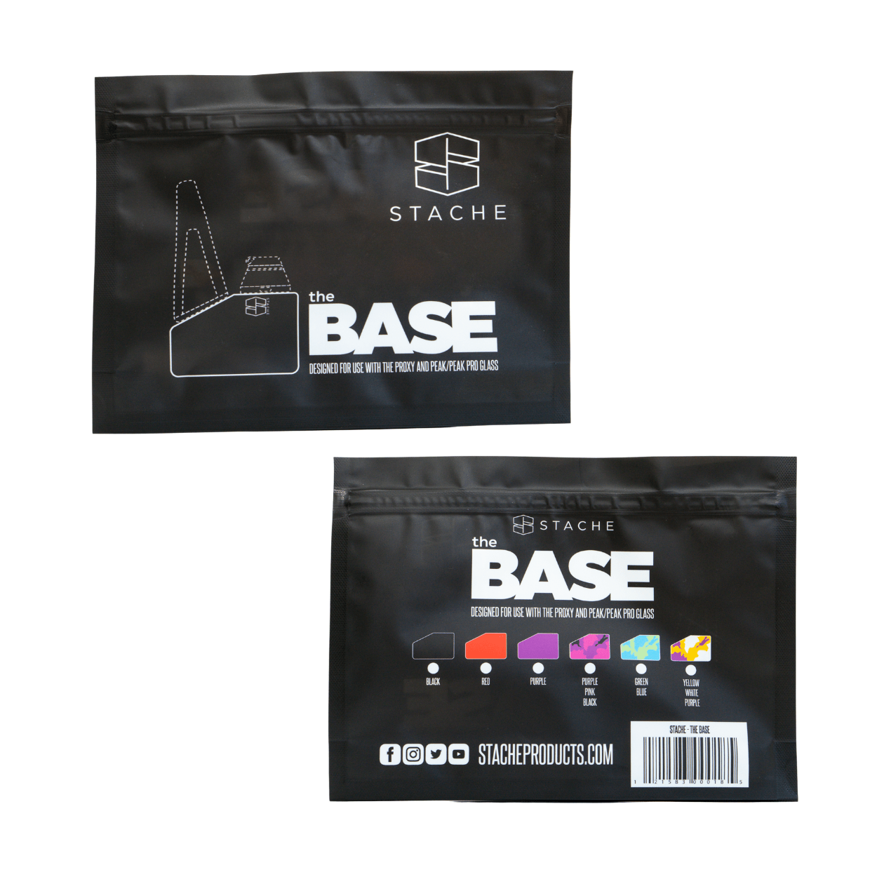 Front view of The Base, a black glass piece with a white logo, presented against a dark background.