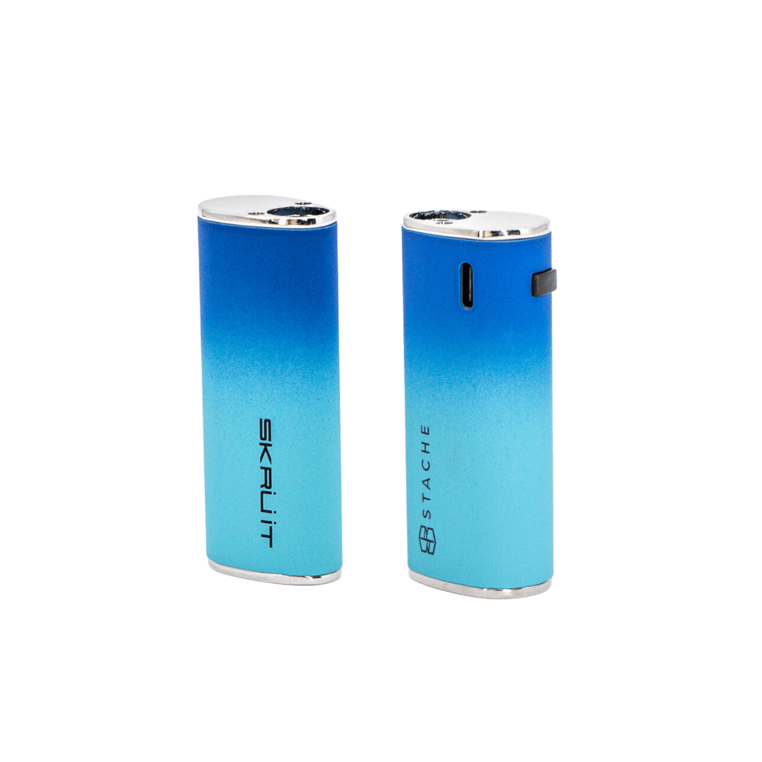 Front view of the Skruit, a sleek, blue device with a minimalist design and a metallic accent.