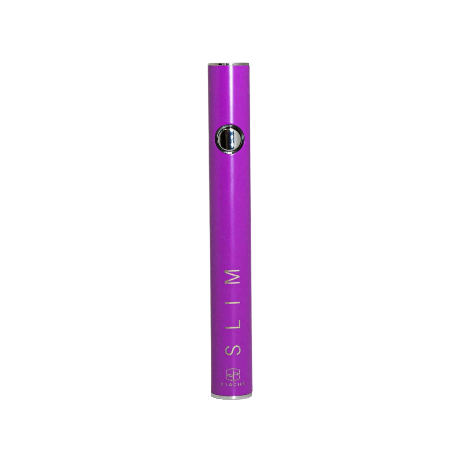 Front view of the SLIM Battery, a sleek, cylindrical device with a metallic finish, isolated on a clean white background.