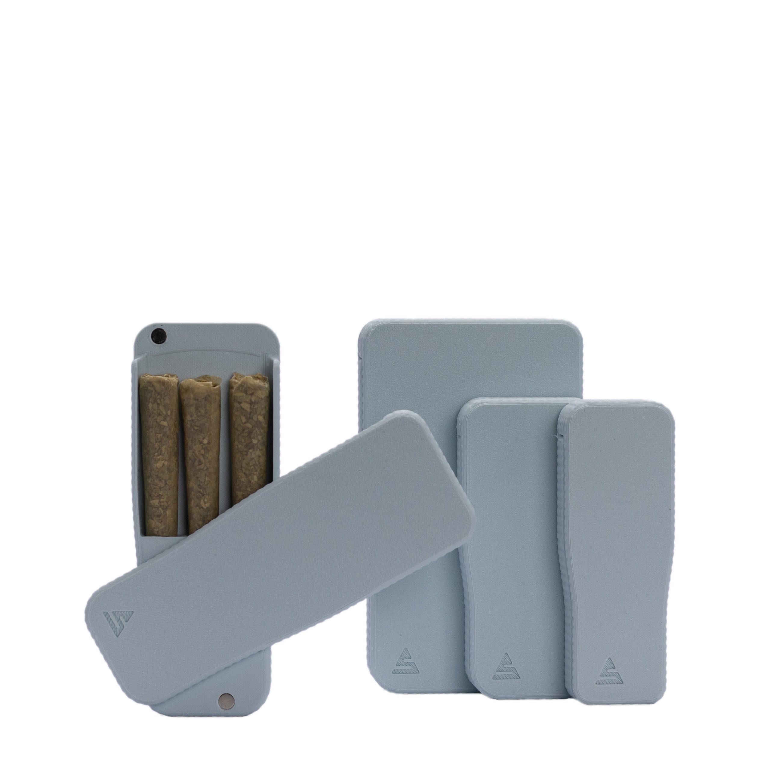 Close-up front view of pastel blue STASURE Joint Case Pastel Polar Blue showing stacked rectangular cases and one open compartment with three rolled joints.
