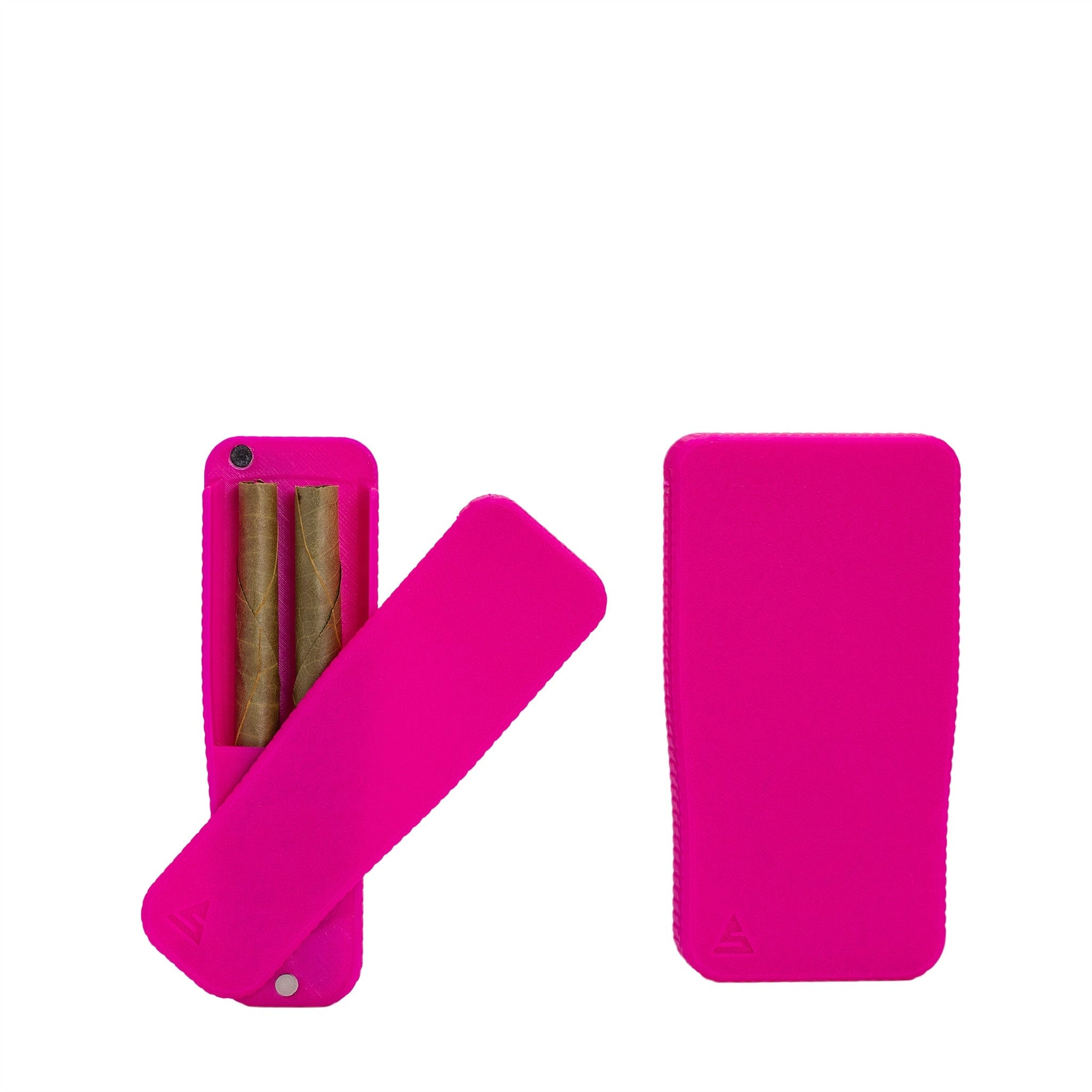 Top-down view of the STASURE Slim Blunt Case Neon Pink showing a compact neon-pink case open to reveal two rolled blunts and a matching closed case beside it.