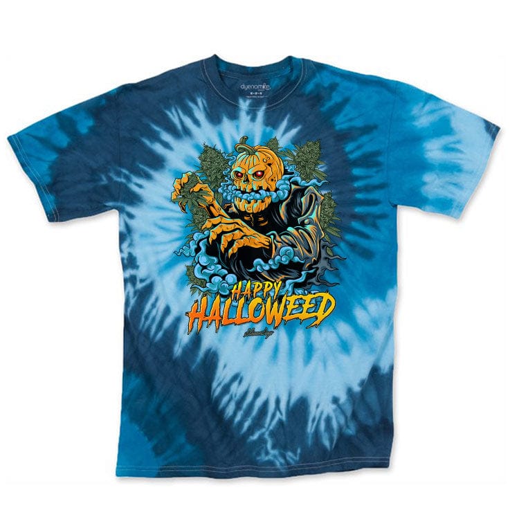Top-down view of a blue tie-dye "Happy Halloweed Blue Tie Dye Tee" with a central pumpkin-headed character and "Happy Halloweed" text.