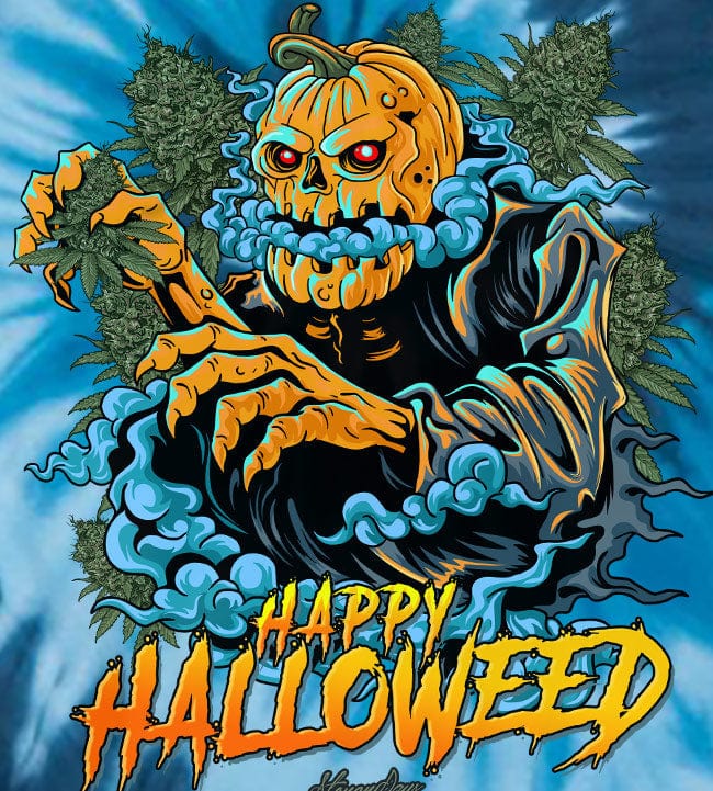 Front-facing illustration on a blue tie-dye background of a glowing-eyed pumpkin monster reaching forward amid swirling smoke and buds, labeled "Happy Halloweed Blue Tie Dye Tee".