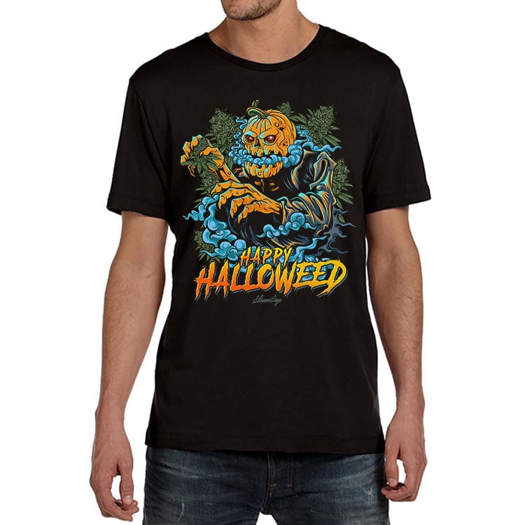 Front view of a model wearing the Happy Halloweed Tee showing a black shirt with a orange pumpkin-skull figure, blue smoke and "Happy Halloweed" text.