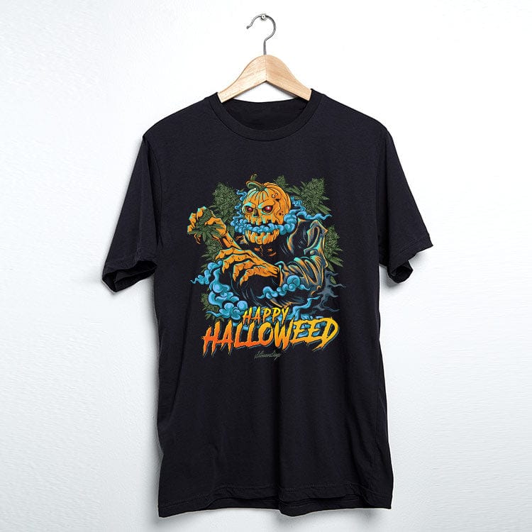 Front-facing black tee on a wooden hanger featuring the "Happy Halloweed Tee" pumpkin-headed figure amid blue smoke and bold orange lettering.