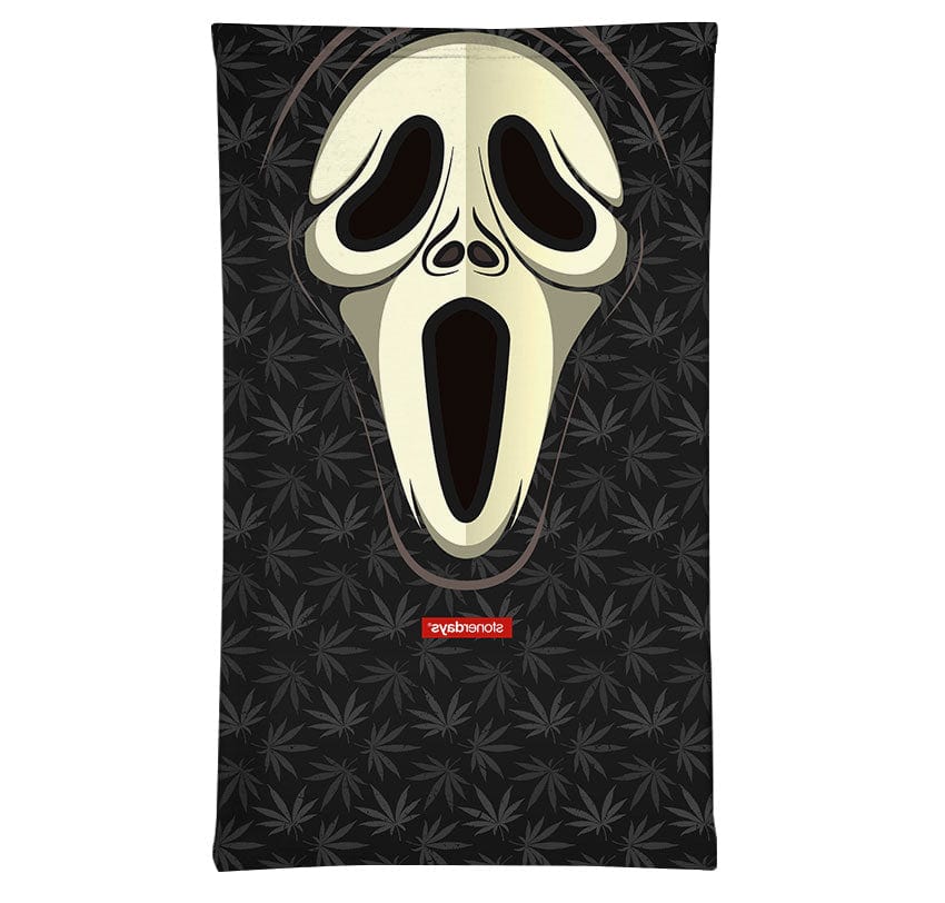 A front view of the Wazzzup Halloweed Gaiter, featuring a spooky, screaming face graphic on a black background.