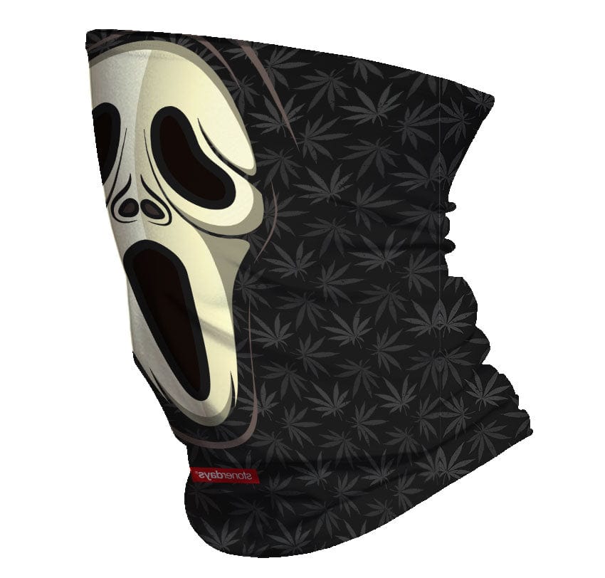 Front view of the Wazzzup Halloweed Gaiter, a black neck warmer with a spooky, grinning skull graphic.