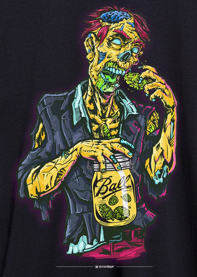 Close-up of a colorful zombie eating from a mason jar on a black tee, showing the Zooted Zombie Tee's neon graphic and torn shirt details.