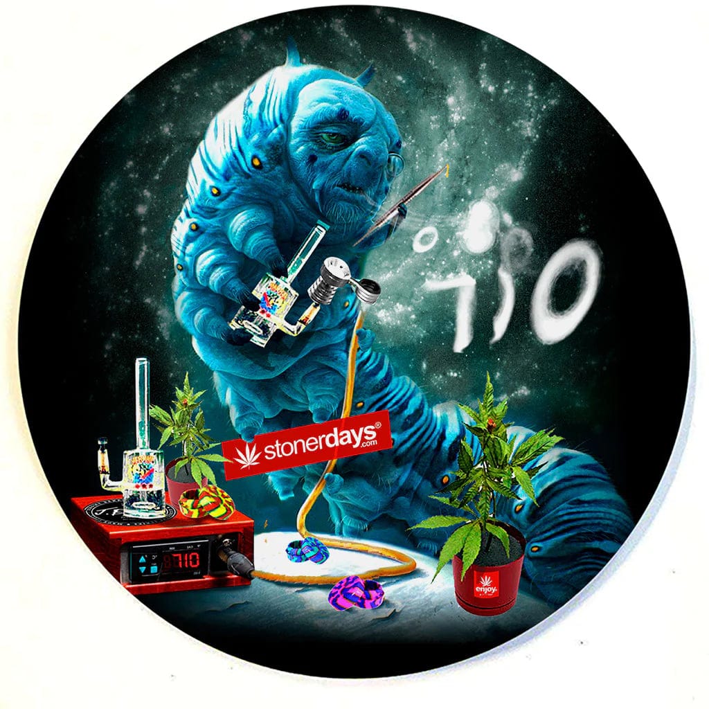 A vibrant, detailed illustration showcases the Stonerdays Round Dab Mats alongside a colorful glass pipe and scattered crystals.