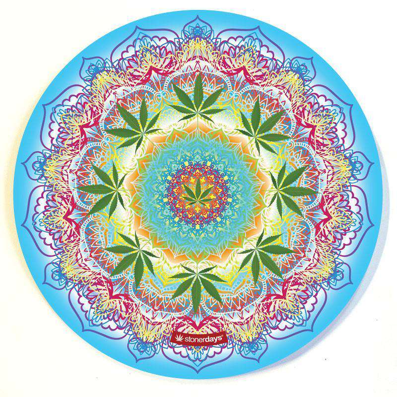 A top-down view of the colorful, intricately patterned Stonerdays Round Dab Mats, featuring a mandala-like design.