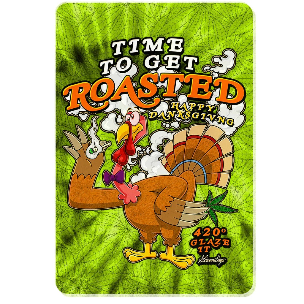 A vibrant Holiday Themed Dab Mats depicts a cartoon turkey with “Time to Get Roasted” text, against a light background.