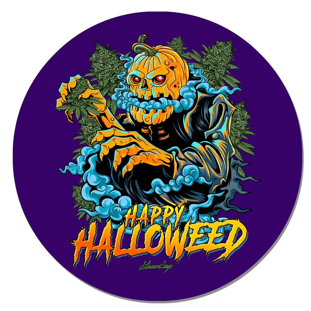 Holiday Themed Dab Mats display a spooky, illustrated hand reaching from dark clouds with bright, swirling smoke.