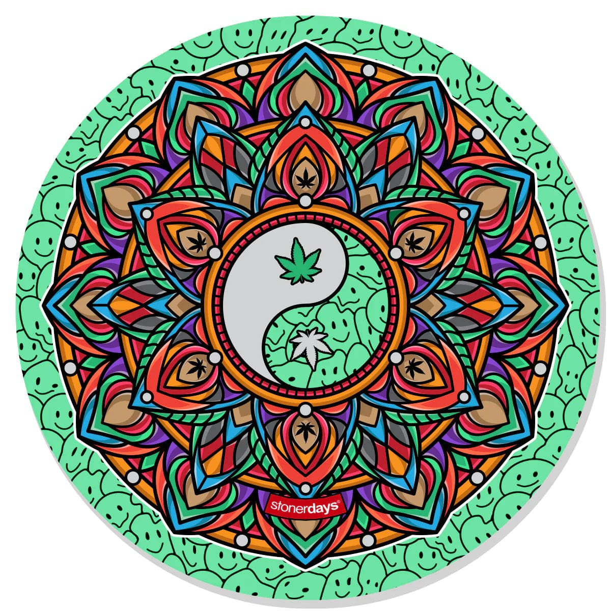 Overhead view of the Mandala Dab Mats, showcasing a colorful, circular design with intricate floral patterns on a flat surface.