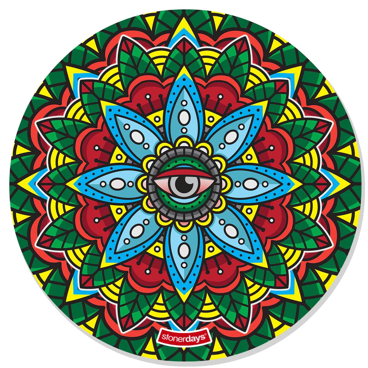 A vibrant, top-down view of the Mandala Dab Mats displays a colorful, intricately patterned circular design.