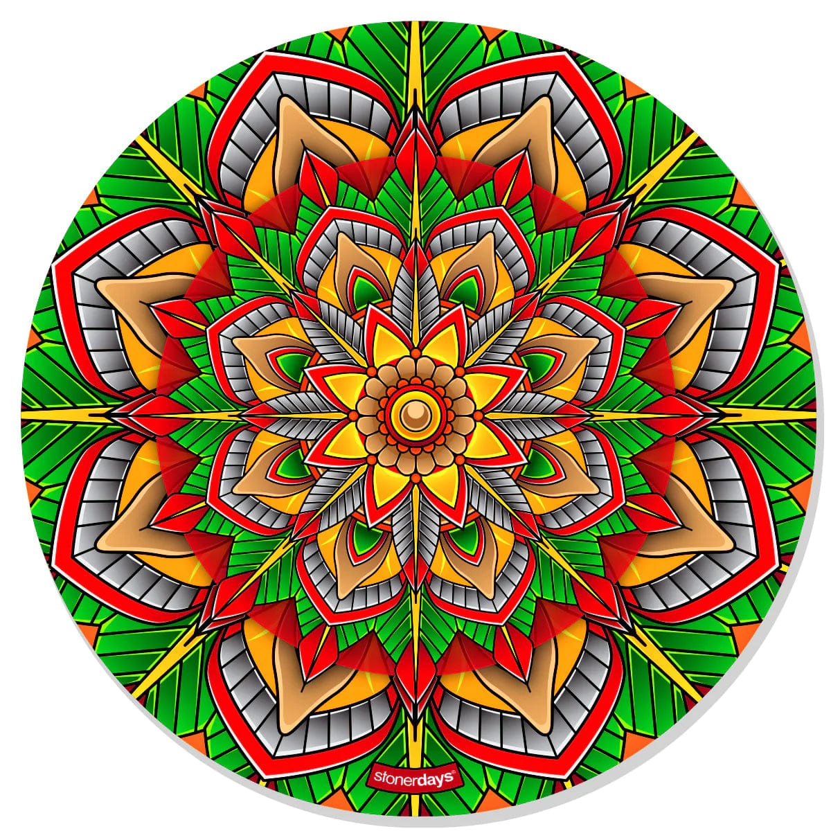 A vibrant, overhead view of the Mandala Dab Mats showcasing a detailed, colorful mandala pattern.