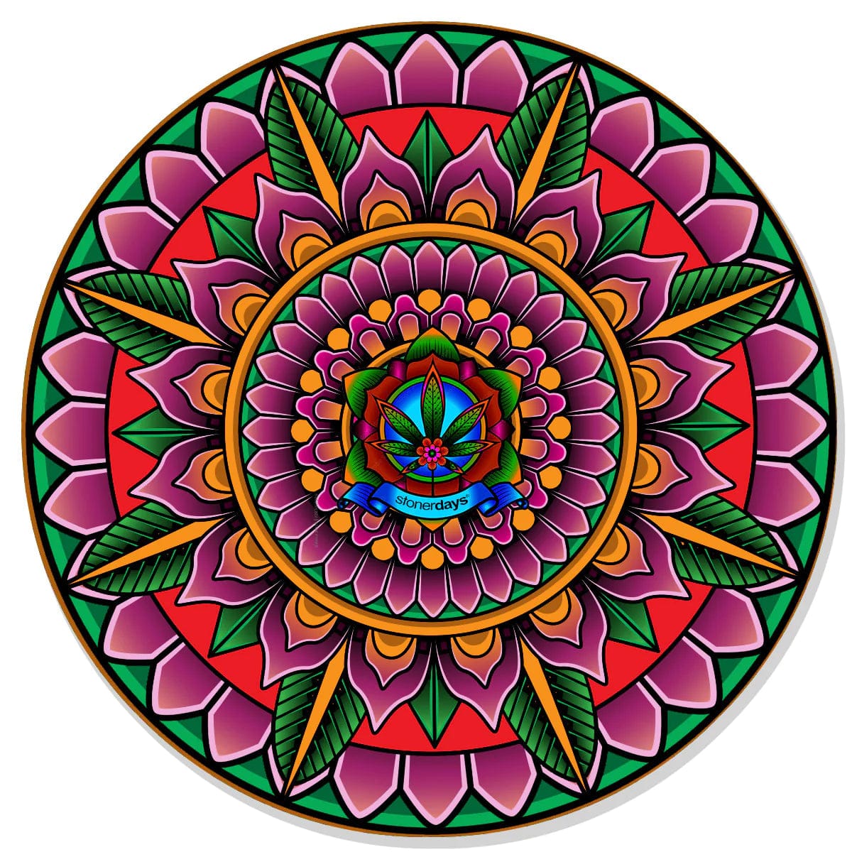 A top-down view of the Mandala Dab Mats, featuring a circular, colorful mandala pattern with intricate details.