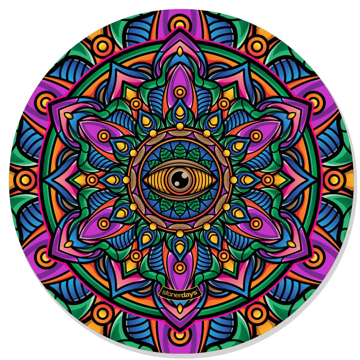 A vibrant, top-down view of the Mandala Dab Mats features a colorful, circular design with intricate patterns.