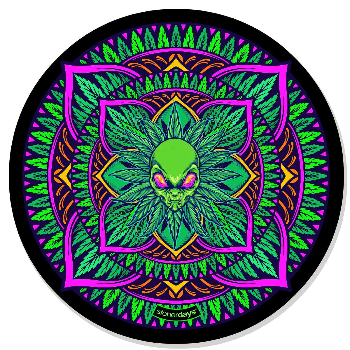 A detailed, overhead view of the Mandala Dab Mats, showcasing a vibrant, circular patterned mat with layered, floral designs.