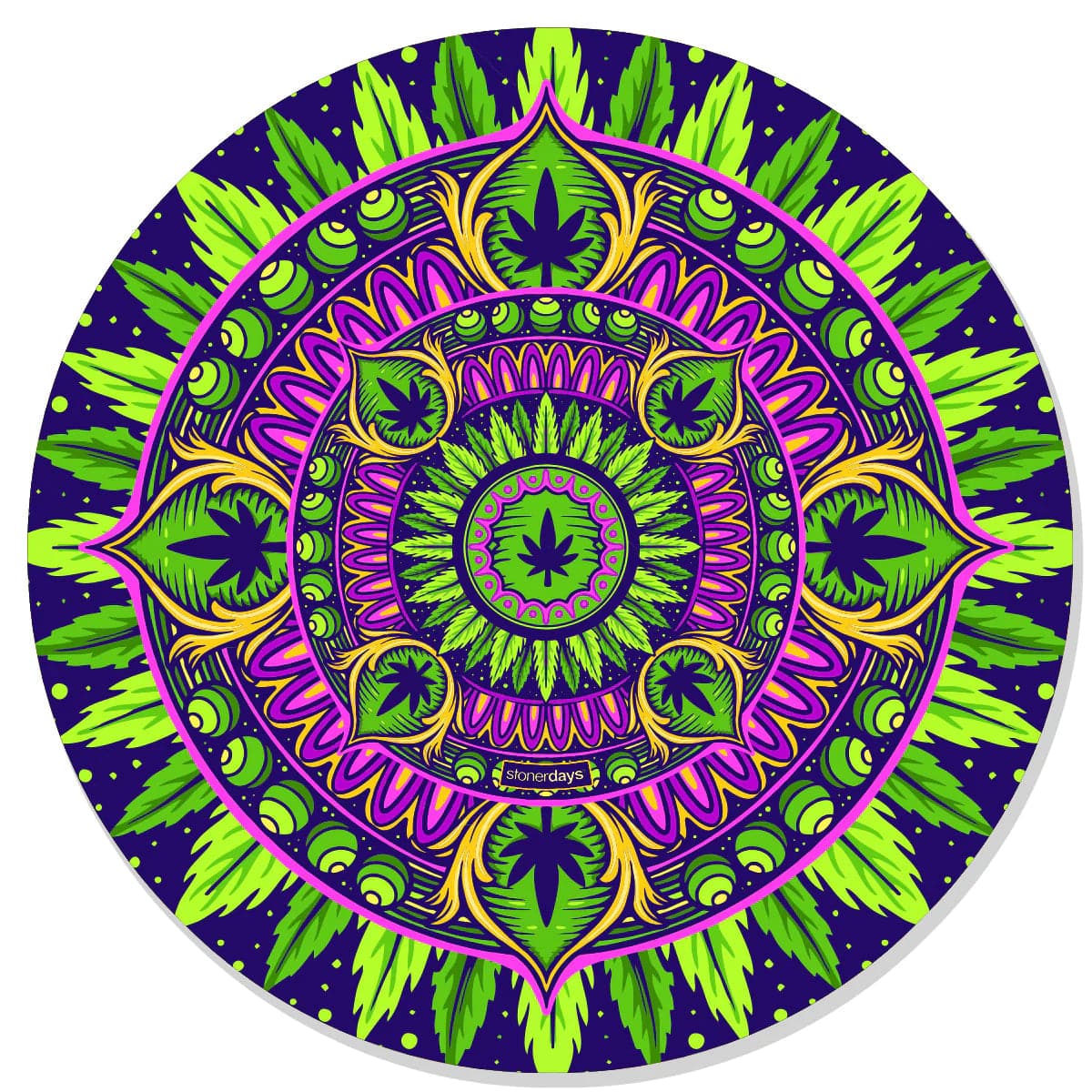 A vibrant, circular Mandala Dab Mats features a detailed, colorful pattern resembling a flower with layered petals.