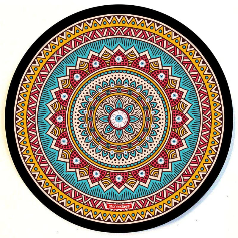 Front view of the Mandala Dab Mats, a circular mat featuring an intricate, colorful mandala design with layered geometric patterns.