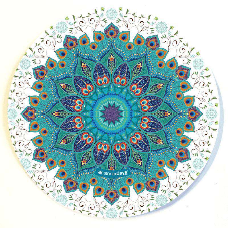A detailed, top-down view of the Mandala Dab Mats, showcasing a colorful, circular mandala pattern on a flat surface.