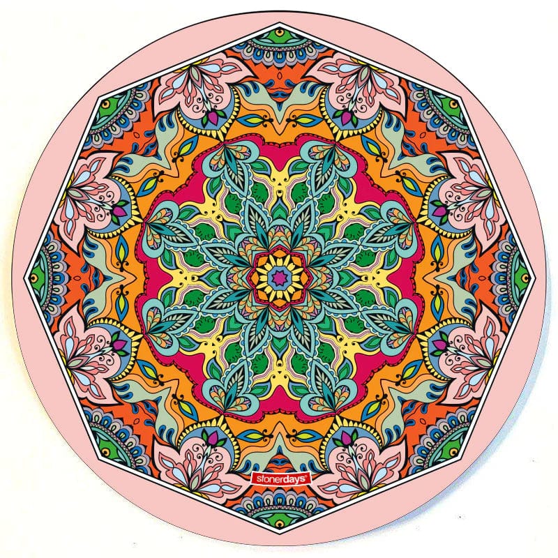 A top-down view of the Mandala Dab Mats, featuring a vibrant, circular design with intricate floral and geometric patterns.