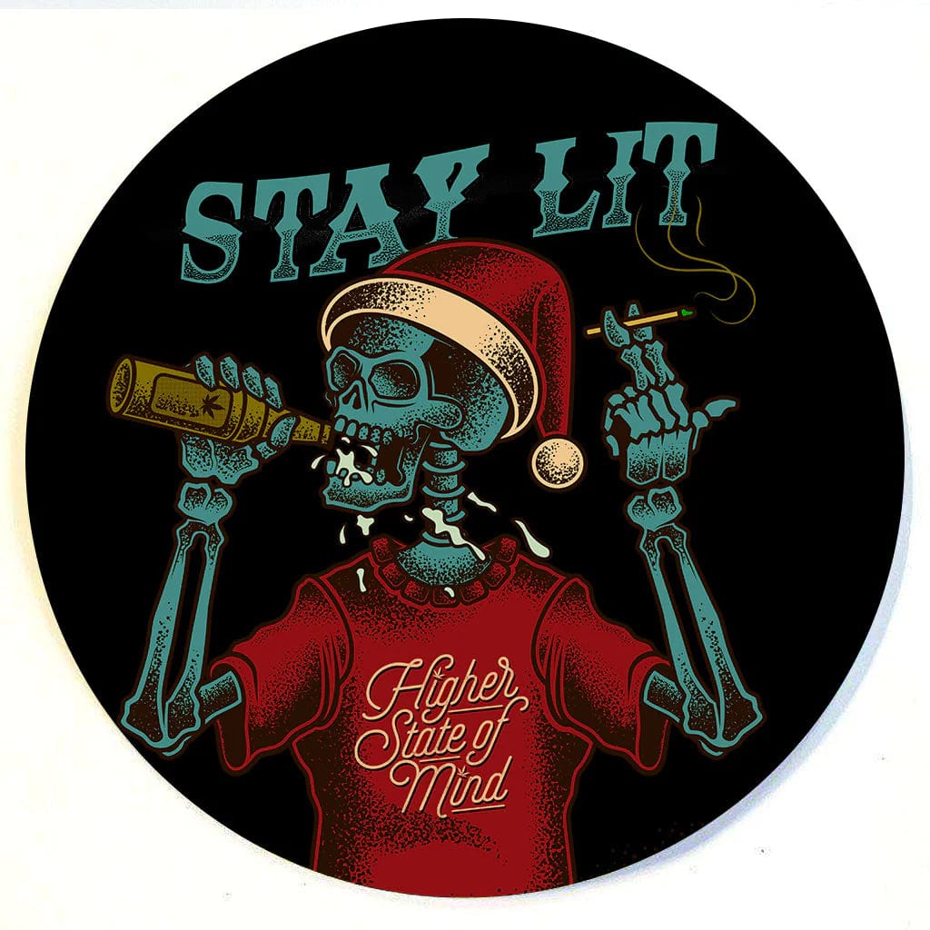 A detailed illustration features Holiday Themed Dab Mats with a skeletal hand dabbing, set against a dark background.