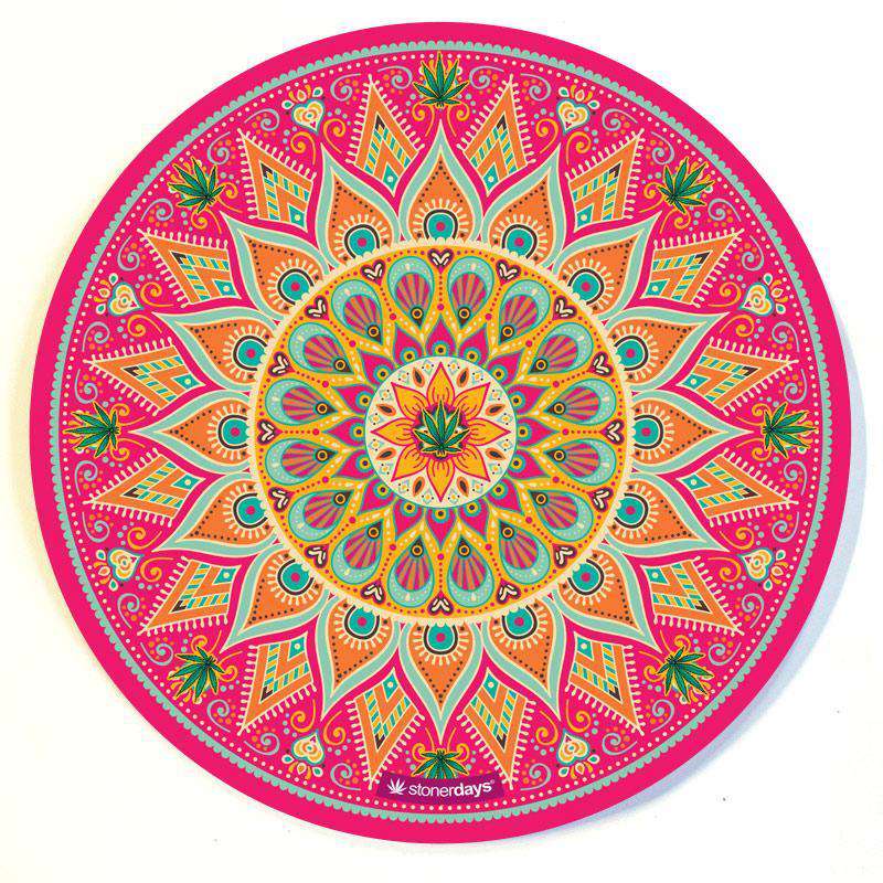 A vibrant, top-down view of the Mandala Dab Mats, showcasing an intricate, colorful mandala pattern on a circular mat.