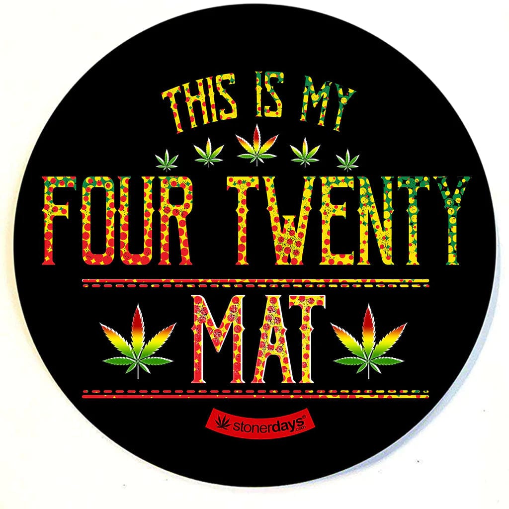 Holiday Themed Dab Mats showcasing vibrant text arranged in a circular design on a black background.