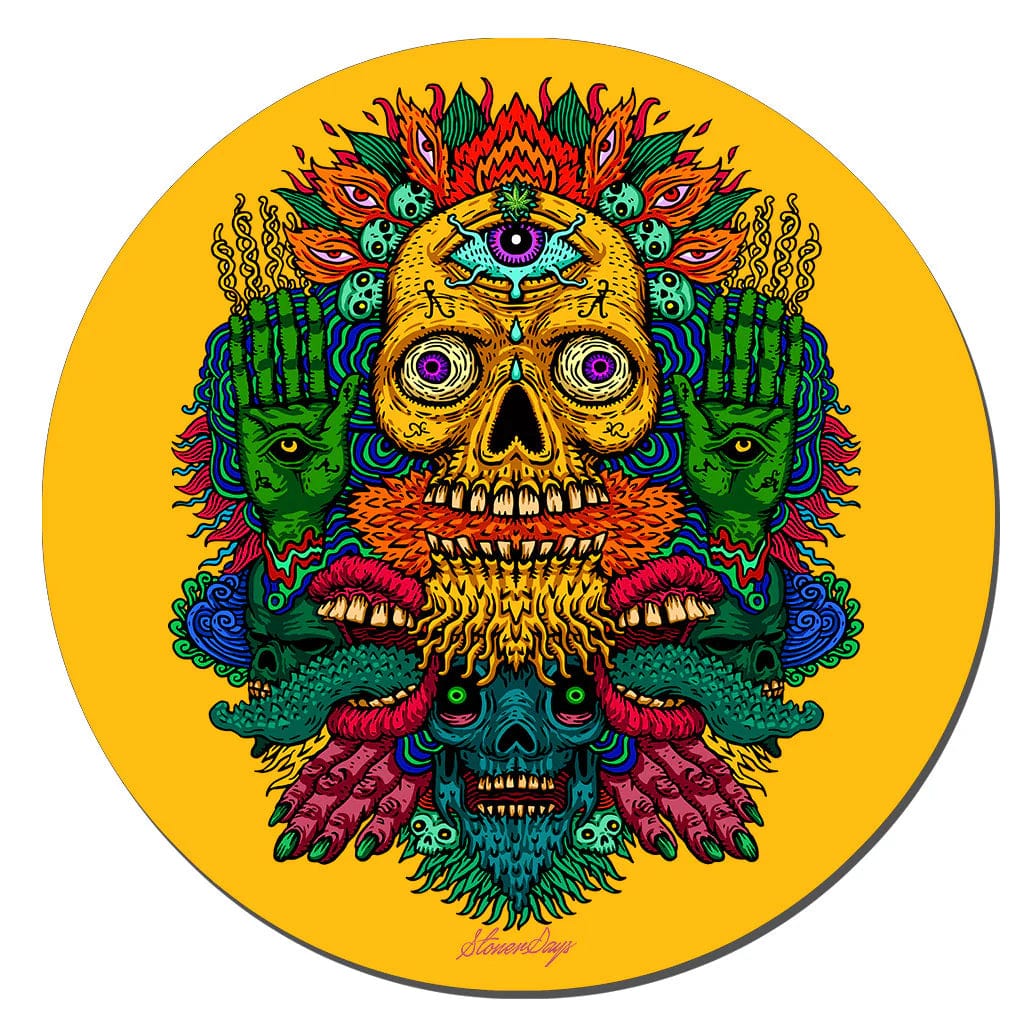 Holiday Themed Dab Mats show a vibrant, detailed skull encircled by colorful, psychedelic floral designs in a circular composition.