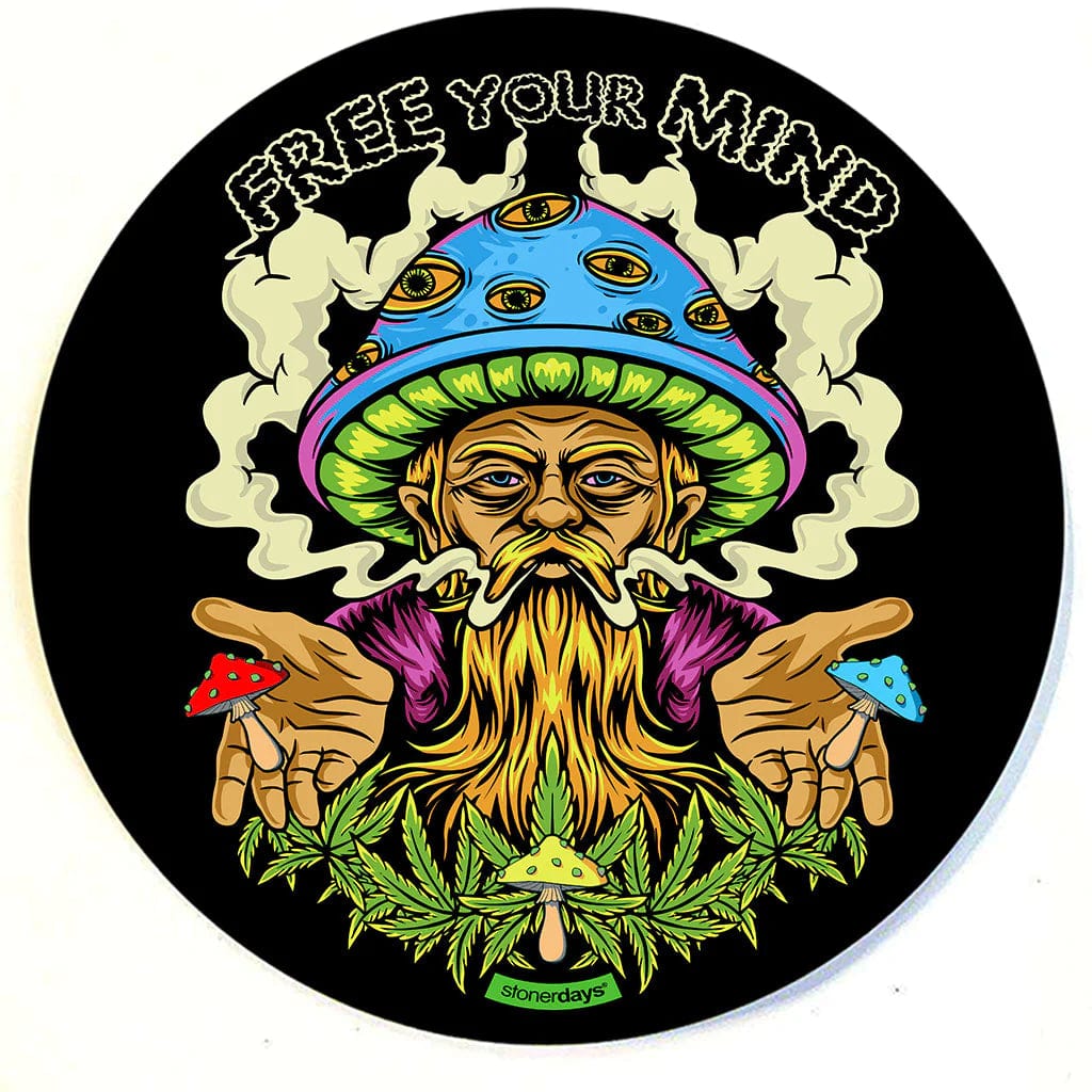 A vibrant, colorful illustration featured on the Stonerdays Round Dab Mats shows a whimsical character with a mushroom-shaped head and flowing beard.