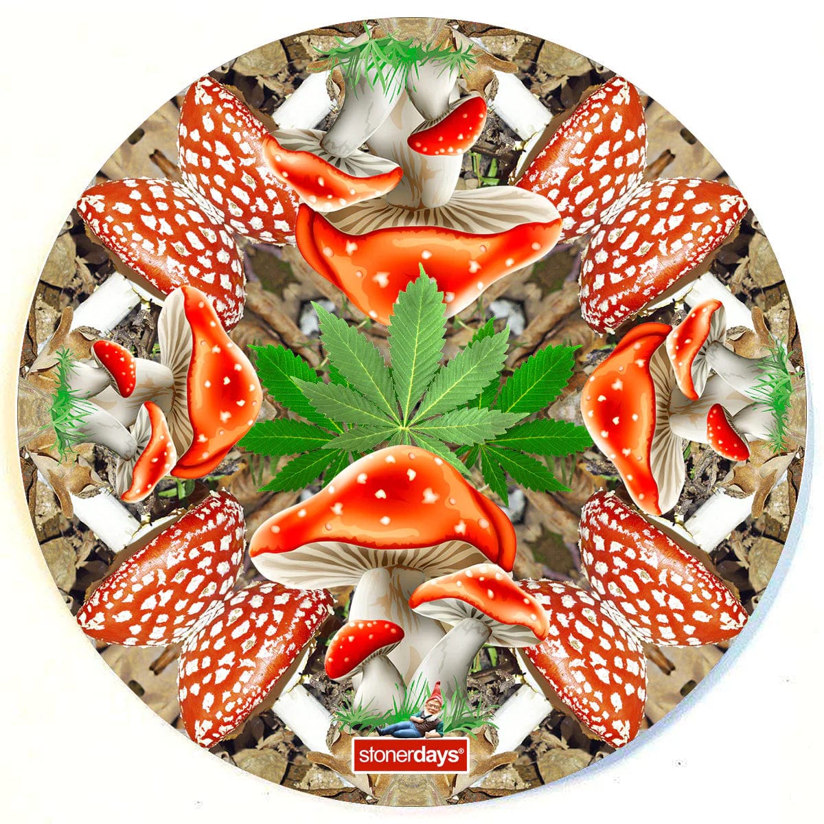 A top-down view of the colorful, mushroom-themed Stonerdays Round Dab Mats, showcasing a vibrant, patterned surface.