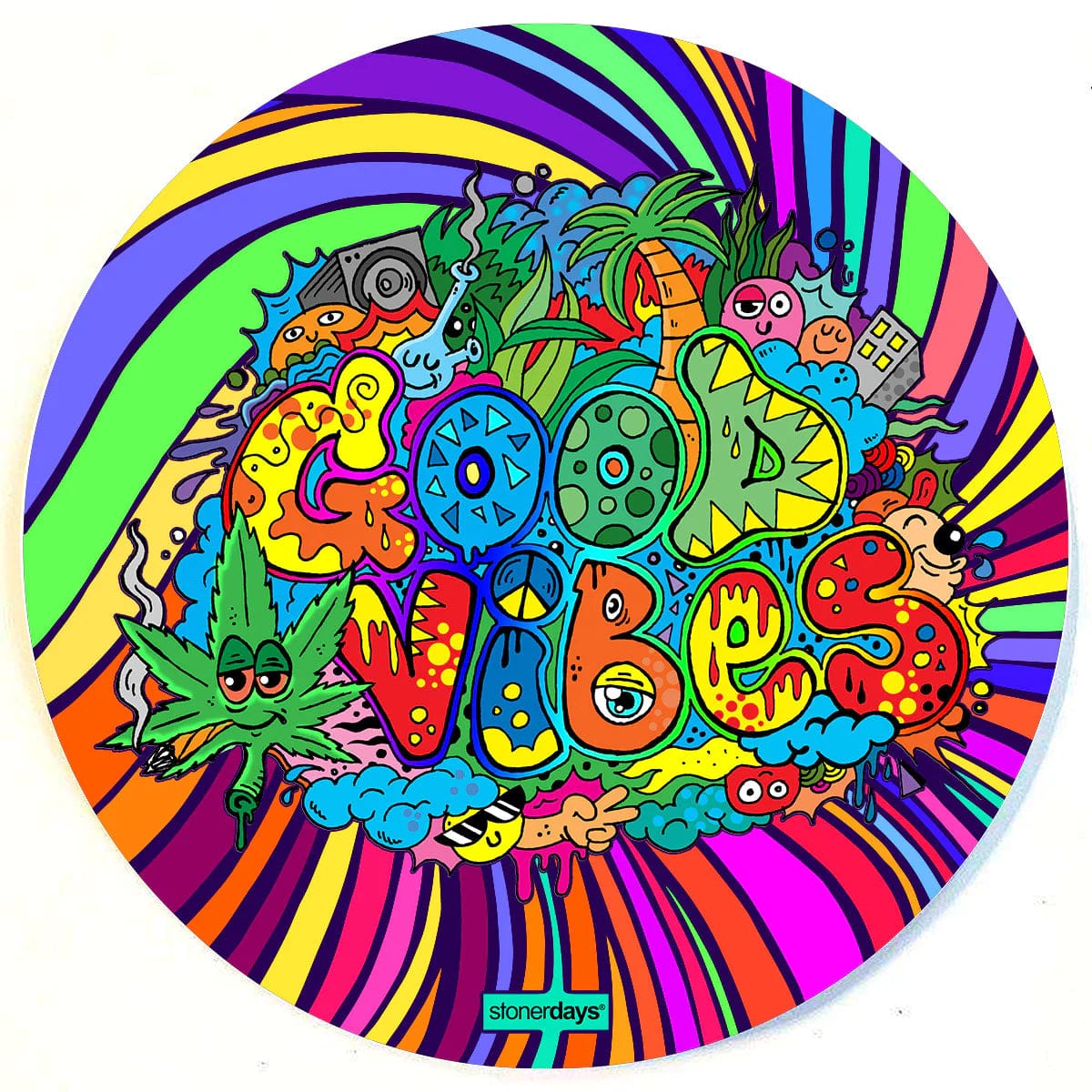 A vibrant, cartoon-style illustration features the Stonerdays Round Dab Mats, with colorful, whimsical designs arranged across the circular surface.