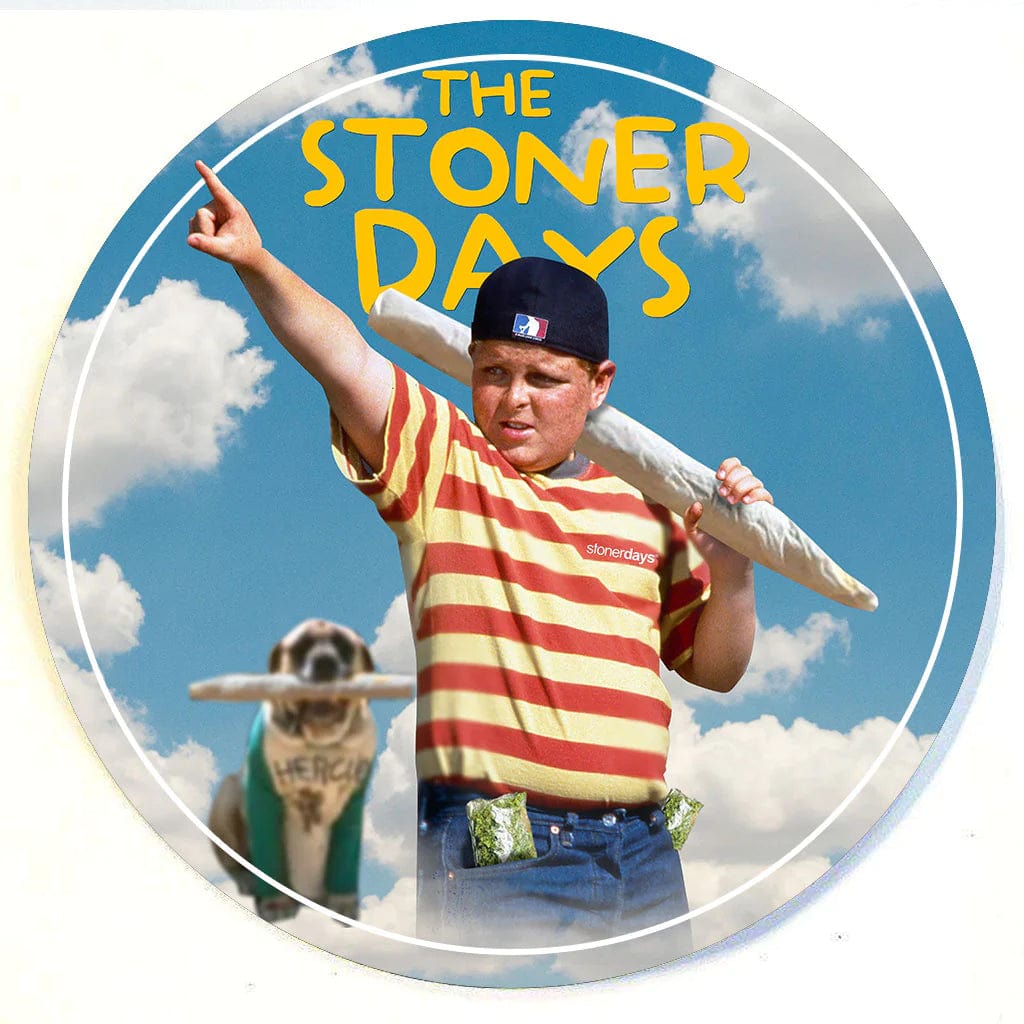 A medium shot depicts a man wearing a graphic t-shirt with the **Stonerdays Round Dab Mats** subtly incorporated into the scene.