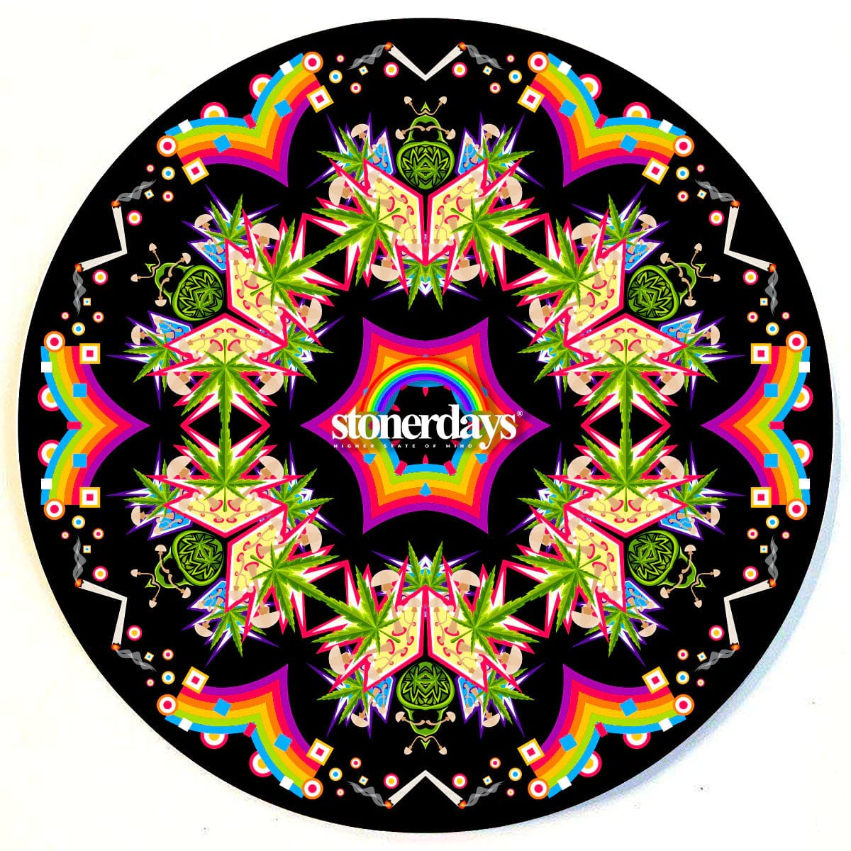 A top-down view of the colorful Stonerdays Round Dab Mats featuring a vibrant circular pattern on a black background.