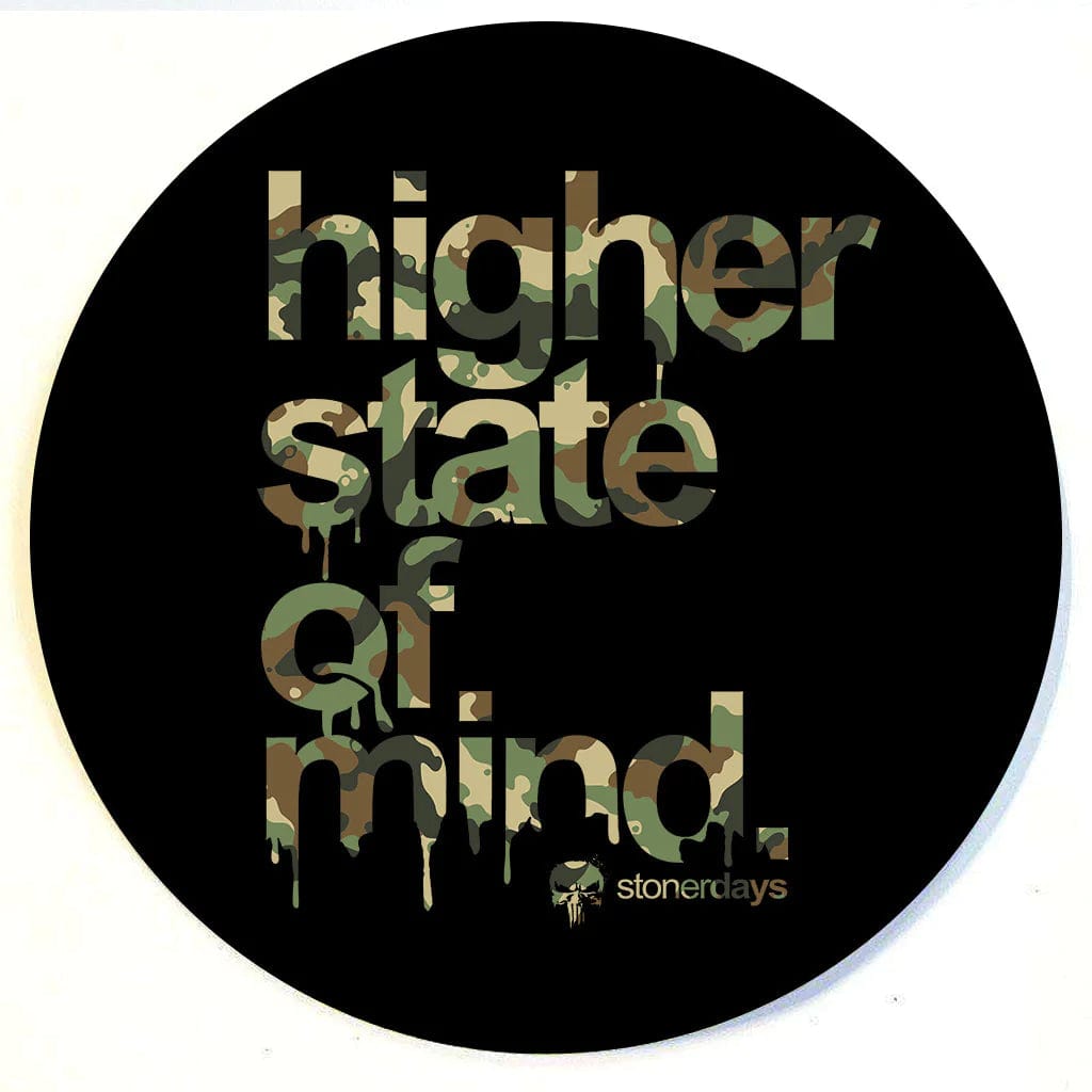 A close-up of the Stonerdays Round Dab Mats, featuring a vibrant, abstract design with layered, colorful splashes.