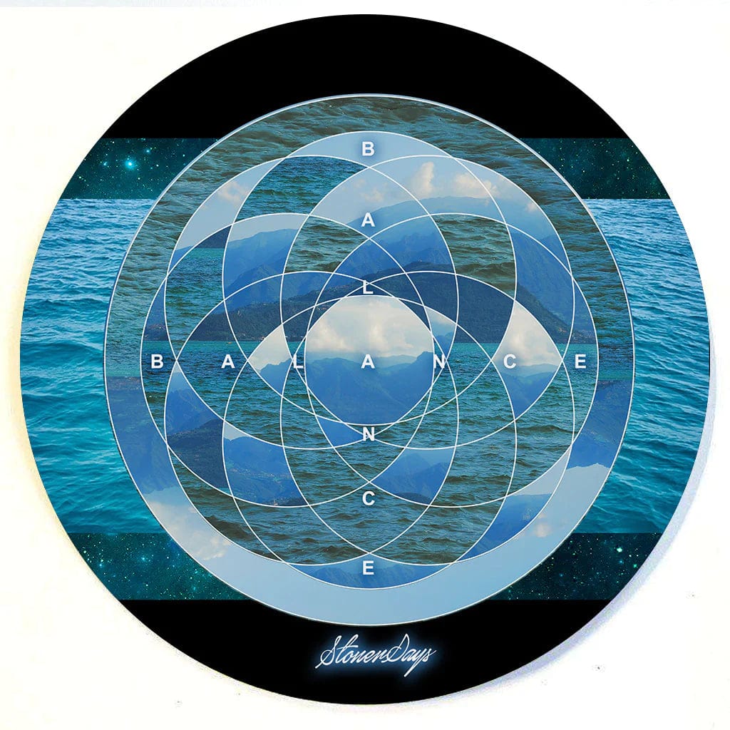 Overhead view of the Stonerdays Round Dab Mats featuring a swirling, blue and white marbled design.