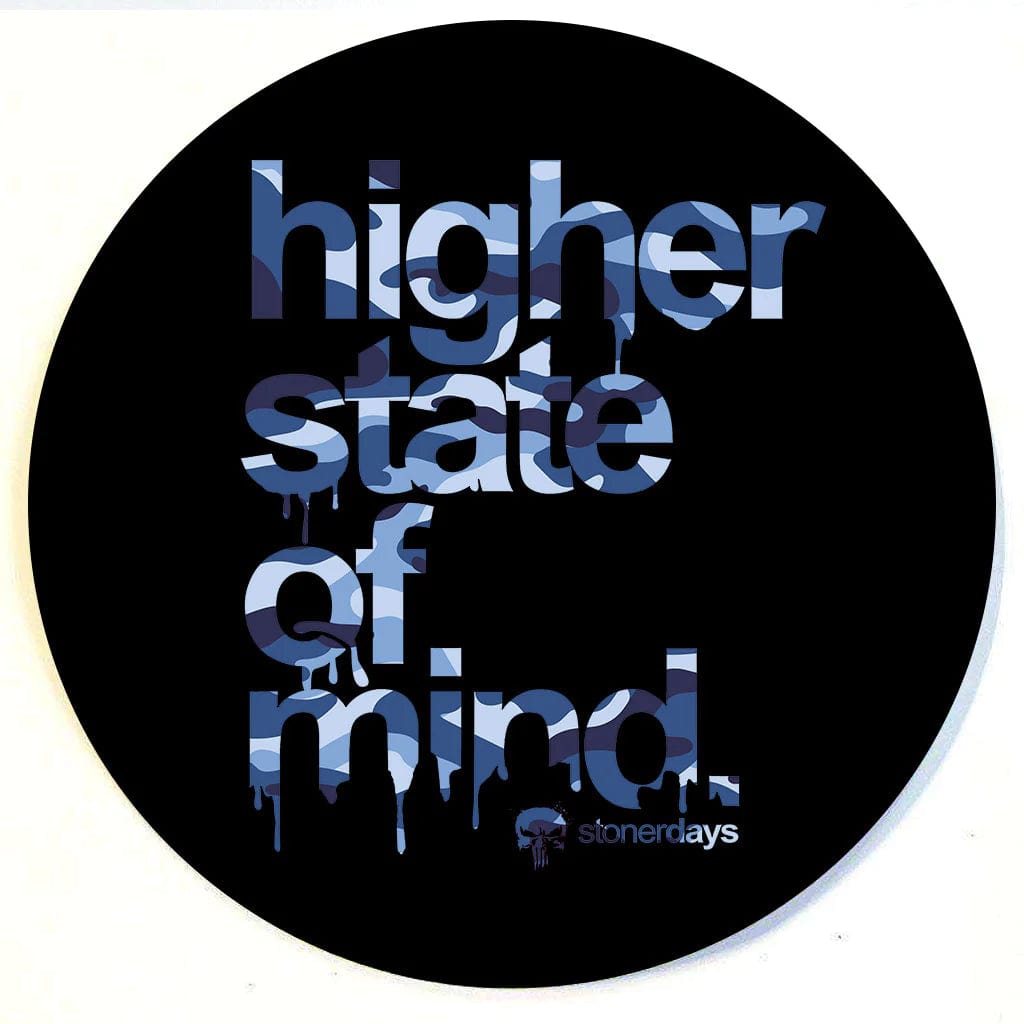 A close-up of the Stonerdays Round Dab Mats featuring stylized text that reads "higher state of mind."
