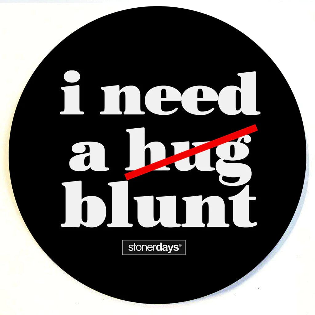 A close-up of the Stonerdays Round Dab Mats featuring bold, contrasting text on a dark background.