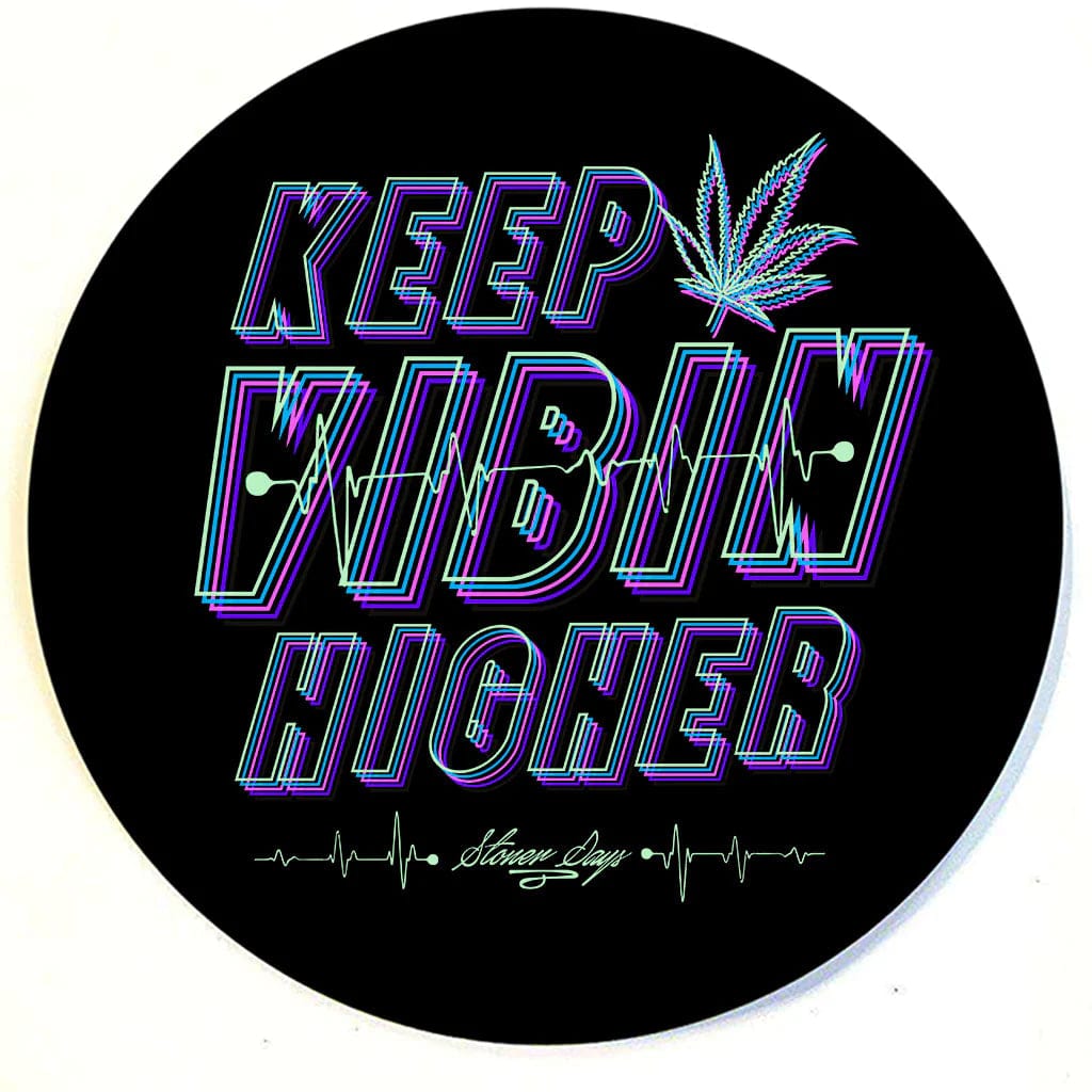 A top-down view of the Stonerdays Round Dab Mats with colorful text and graphics on a dark background.