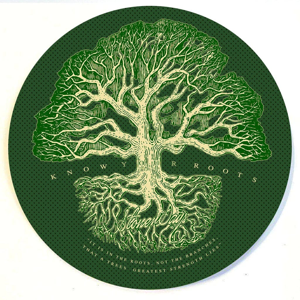 The Stonerdays Round Dab Mats feature an intricate, dark green, tree-root-like design against a plain background.