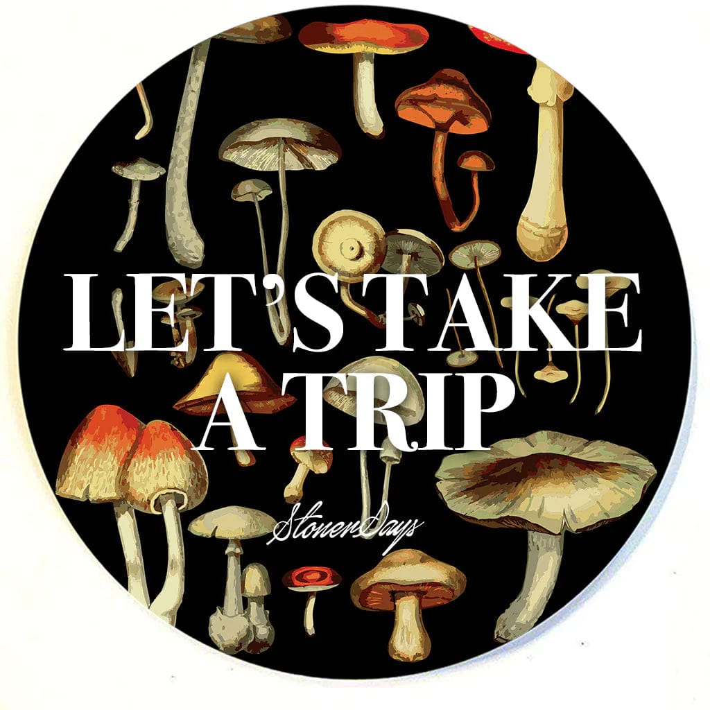 A vibrant illustration on the Stonerdays Round Dab Mats shows a variety of mushrooms arranged on a dark background.