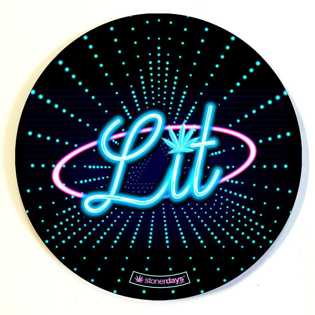 A top-down view of the Stonerdays Round Dab Mats featuring a glowing, neon-style “Lit” design against a black, speckled background.