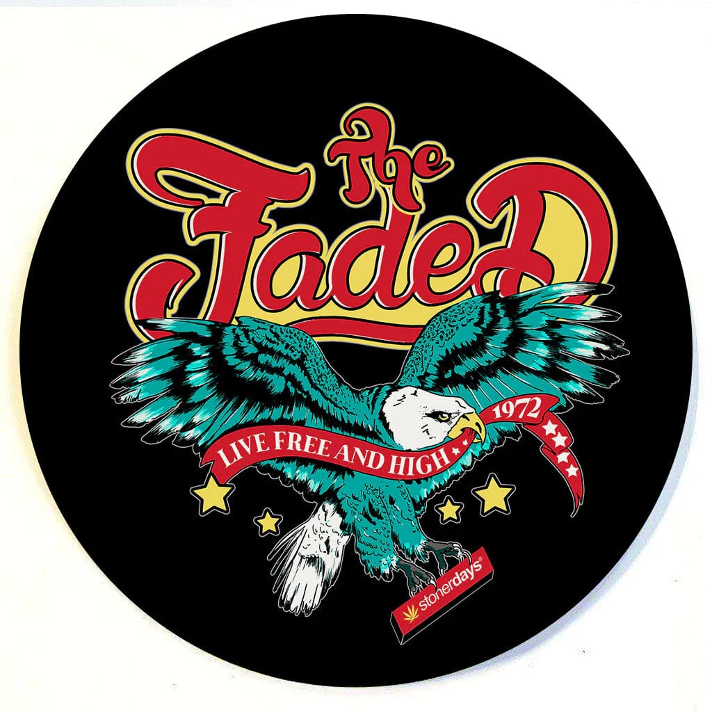 A detailed top-down view of the Stonerdays Round Dab Mats featuring a vibrant, detailed eagle design on a circular mat.