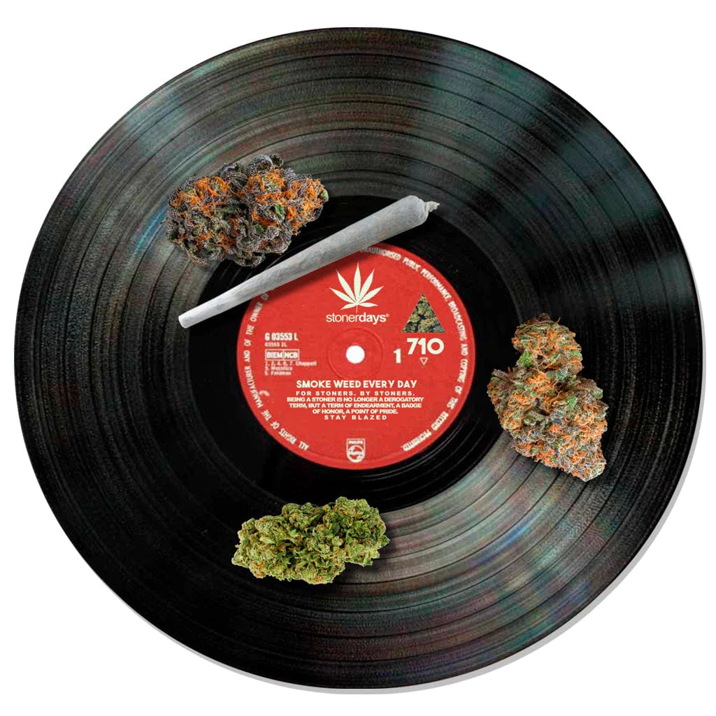 A top-down view of the circular Stonerdays Round Dab Mats, showcasing detailed graphics on a dark background.