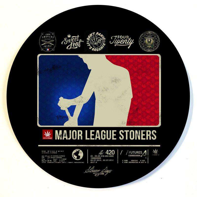 Overhead view of the Stonerdays Round Dab Mats, displaying a colorful graphic design with text and logo elements.