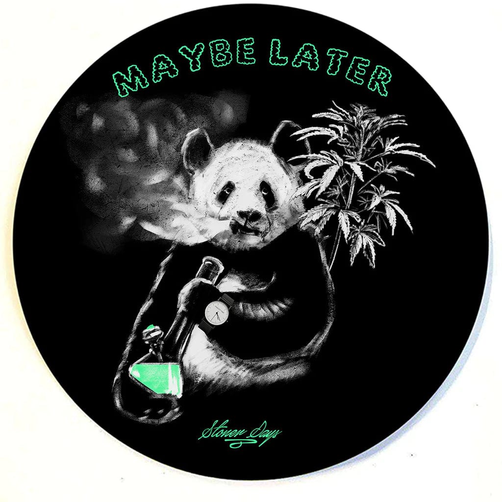 A detailed illustration on the Stonerdays Round Dab Mats depicts a gorilla smoking a blunt against a dark background.